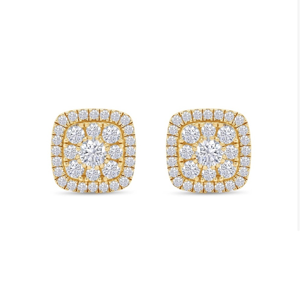 1 1/4 Carat Round Cut Diamond Cushion Frame Halo Cluster Stud Earrings